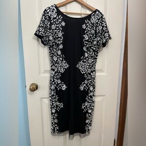 Aidan Mattox Black Dress with White and Silver Floral Beads and Sequins